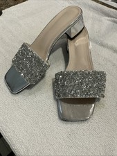 Woman s Silver Sequin Rhinestone Slip-On Sandal 1.75 Heel Size 41/10.5 New