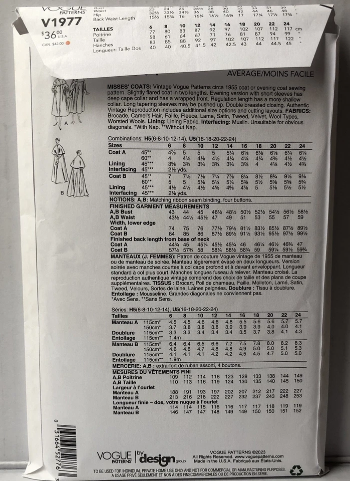 Vogue Pattern 1977 Reissue Circa 1955 Design Coats Cape Collar Sizes 6-14 Uncut - Image 2 of 2