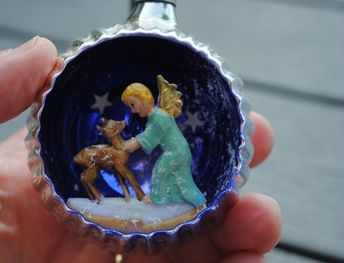 RARO De Colección Indentación Diorama Ornamento Ángel y Ciervo Cervatillo Plata Azul Vidrio Italia - Imagen 5 de 6