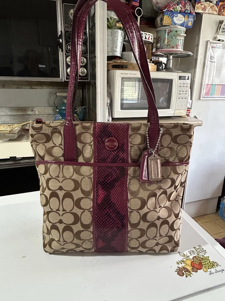 COACH Signature Stripe Python Print Rare Color Raspberry F25706 Bag Purse Tote