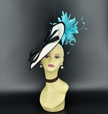 MF173-1 White/Black/Turquoise Kentucky Derby Wedding TeaParty Sinamay Fascinator