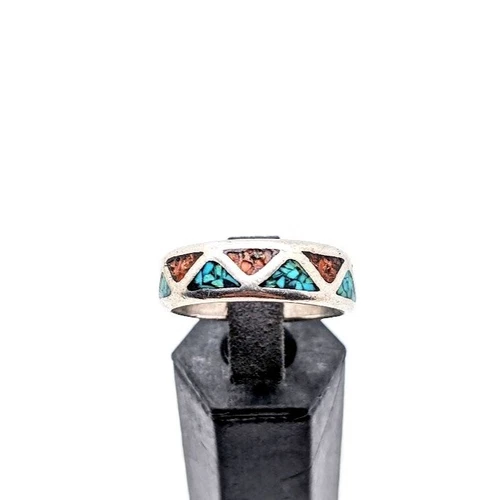 Mens Vintage Old Pawn 925 Crushed Turquoise & Coral Ring Unisex Southwestern