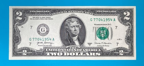 TRAILING YEAR 1954 (G 7704 1954 A) $2 Two Dollar Bill Serial Number 2017A *UNC* - Picture 2 of 4