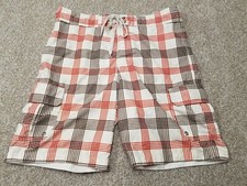 Merona Shorts Mens Medium Brown Red Plaid Outdoors Swiming Lined Bathing Board