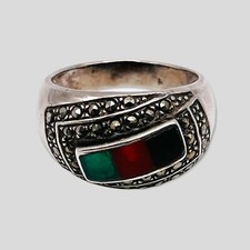 Vintage 925 Sterling Silver Black Onyx, Marcasite, Agate Ring Size 8.75 -5399