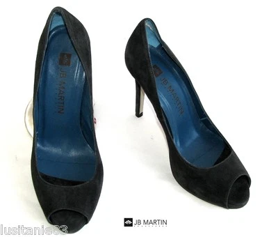JB MARTIN - ESCARPINS TALONS BOUTS OUVERTS CUIR DAIM GRIS 38 - EXCELLENT ETAT - Photo 1/4