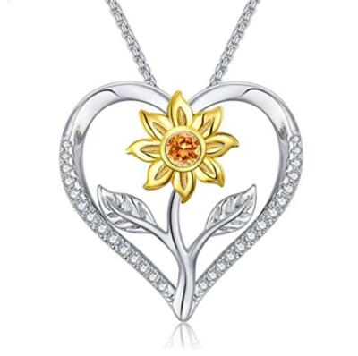 TO MOM's day gift S925 Sterling Silver Sunflower Love Heart Pendant Necklace