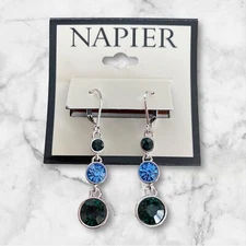 Napier 2” Silver-Tone Triple Blue Crystal Drop Earrings-NWT