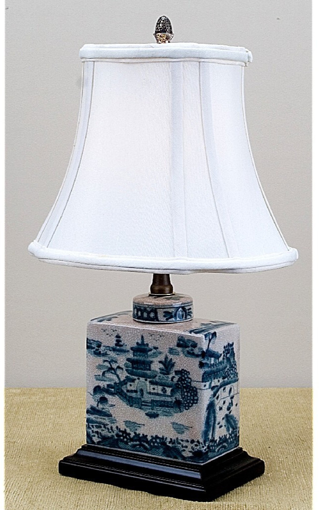 Blue, White Rectangular Box Chinoiserie Lamp. Hand Painted. With Lampshade.