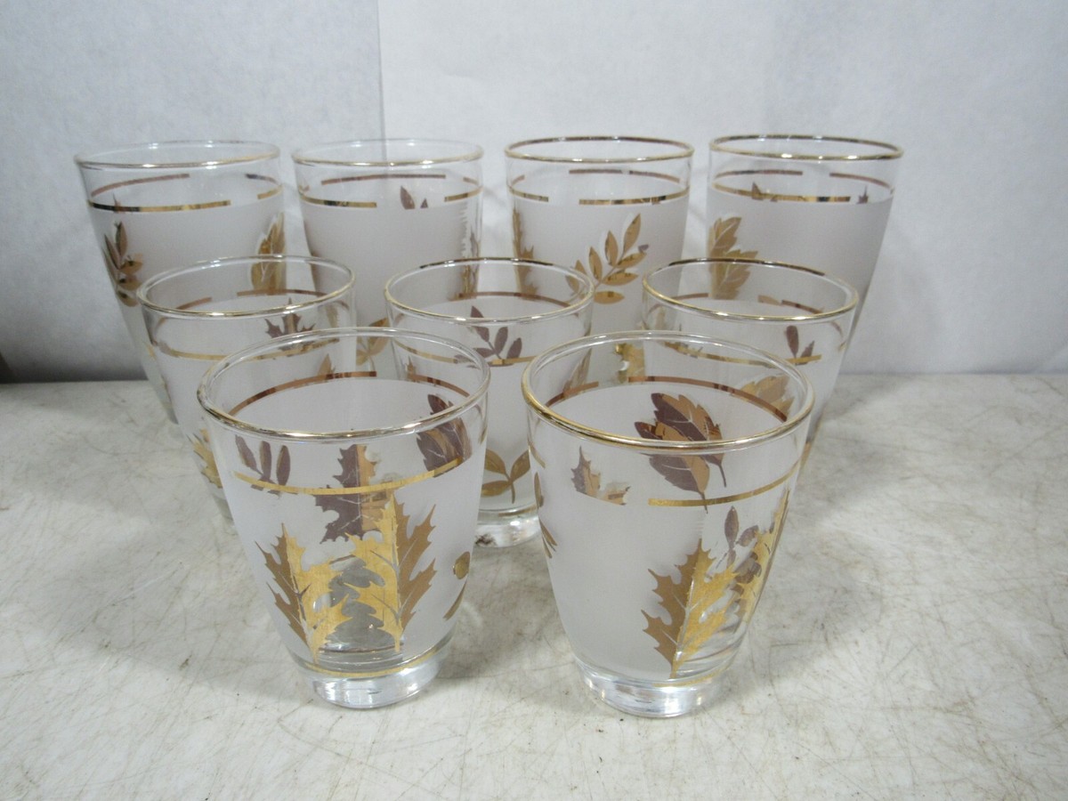 8 Vintage Mid-Century Frosted Gold Trimmed Leaf Leaves Drinking Bar Glasses  | eBay