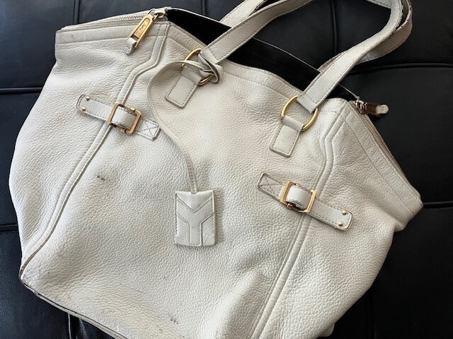 SAINT LAURENT Borsa tote originale GRANDE YSL Downtown bianco sporco pelle avorio ottone scamosciato ITALIA
