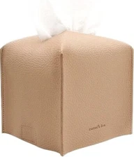 Tissue Box Cover Holder, Square with Bottom Belt by Carrot's Den - PU Leather De