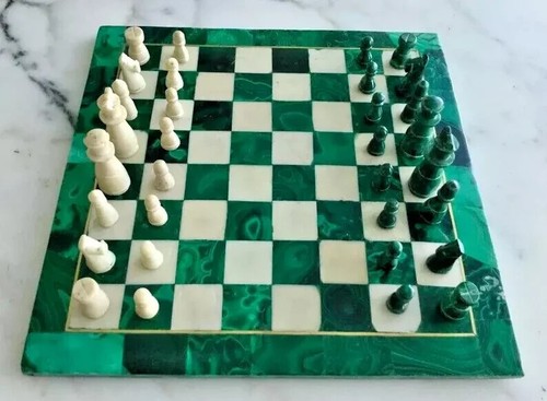 12"x12" Malachite Stone Chess Board With Chess Pieces, Gift For Chess Lover Art - Picture 3 of 12