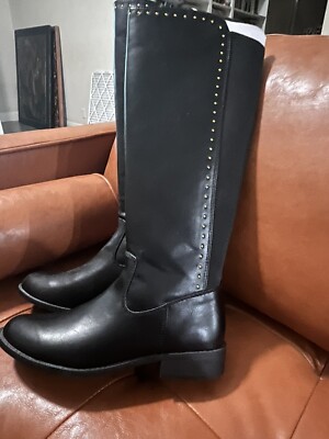 Lauren Conrad NEW Black Gold Stud Tall Elastic Back Flat Zip Up Boots Sz 10