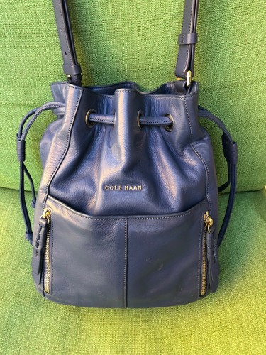 Womens COLE HAAN Blue Leather Drawstring Shoulder Bag / Hobo Bag - Fast Ship! - Picture 7 of 12