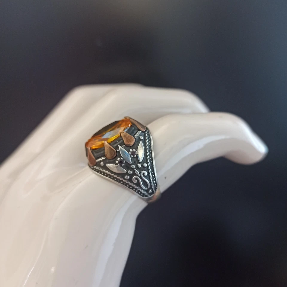 Anillo Vintage Para Hombre Piedra Amarilla Natural Retro Plata 925 Art Deco Renacimiento 11.25 Foto 2 de 4