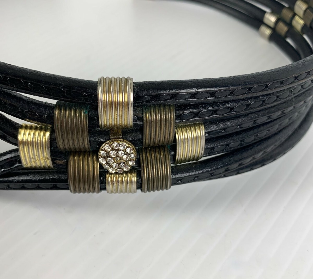 1970s Sultanija Florence Italy Black Leather Belt Wide Cords  display picture 3