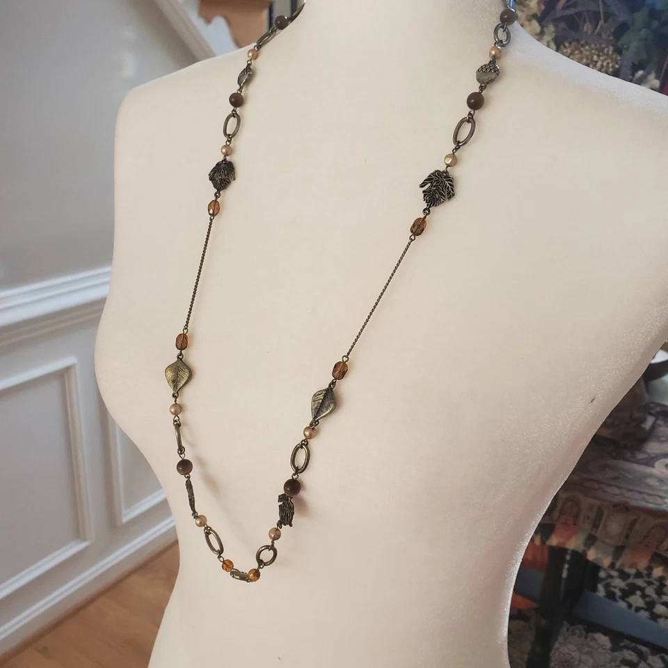 Collar Hoja y Bellota Otoño Tono Plata Marrón Ojo de Tigre Cuentas 36" Extra Largo Foto 2 de 4