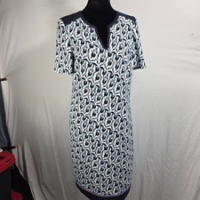 Basler Womens Geometric Floral Split Neck Shift Dress Navy Blue White W91