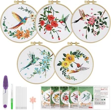 ERKOON 5 Sets Embroidery Kit for Beginners, 7.9 x inches, Hummingbird 