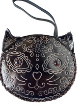 Black Cat Sugar Skull Leather Wristlet Wallet Change Coin Purse Closure Charm