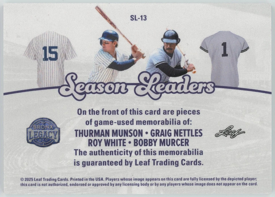 2025 Leaf Bronx Legacy Munson, Urtigas, Branco, Murcer 16/25 Quad Relíquia Usada em Jogo - Imagem 2 de 2