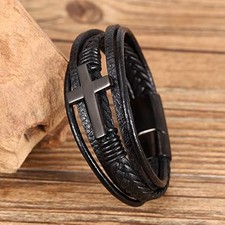 Multi Layer Men's Bracelet Men's Braided Leather Cross Bracelet Magnetic Clasp