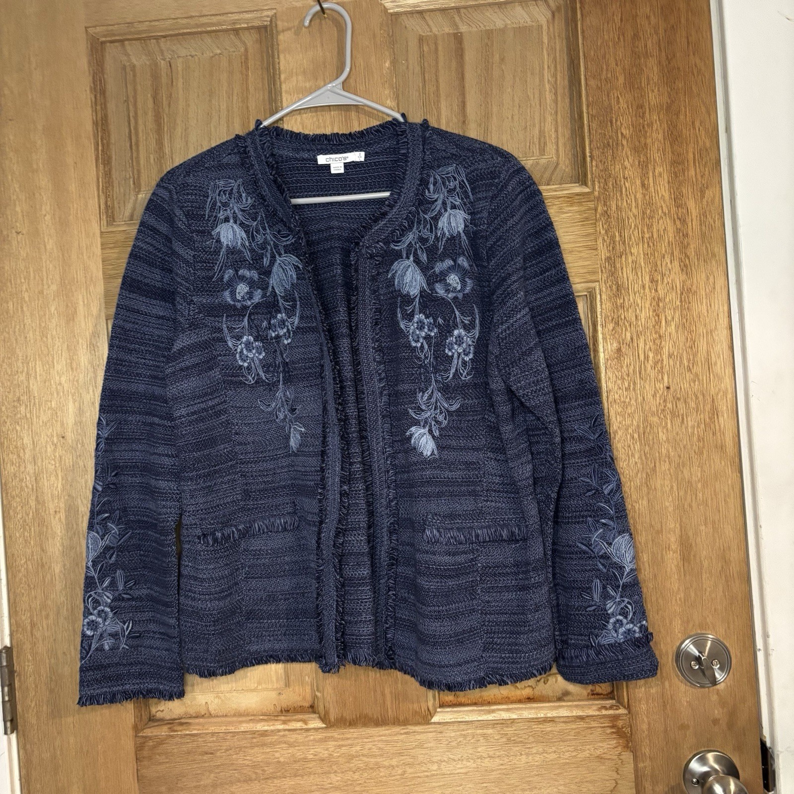 Chico's women’s Navy blue Embroidered Cardigan size 2