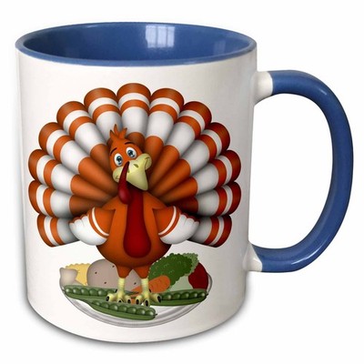 3dRoseCute Large Orange Thanksgiving Turkey On Vegetables Two Tone Blue Mug11oz