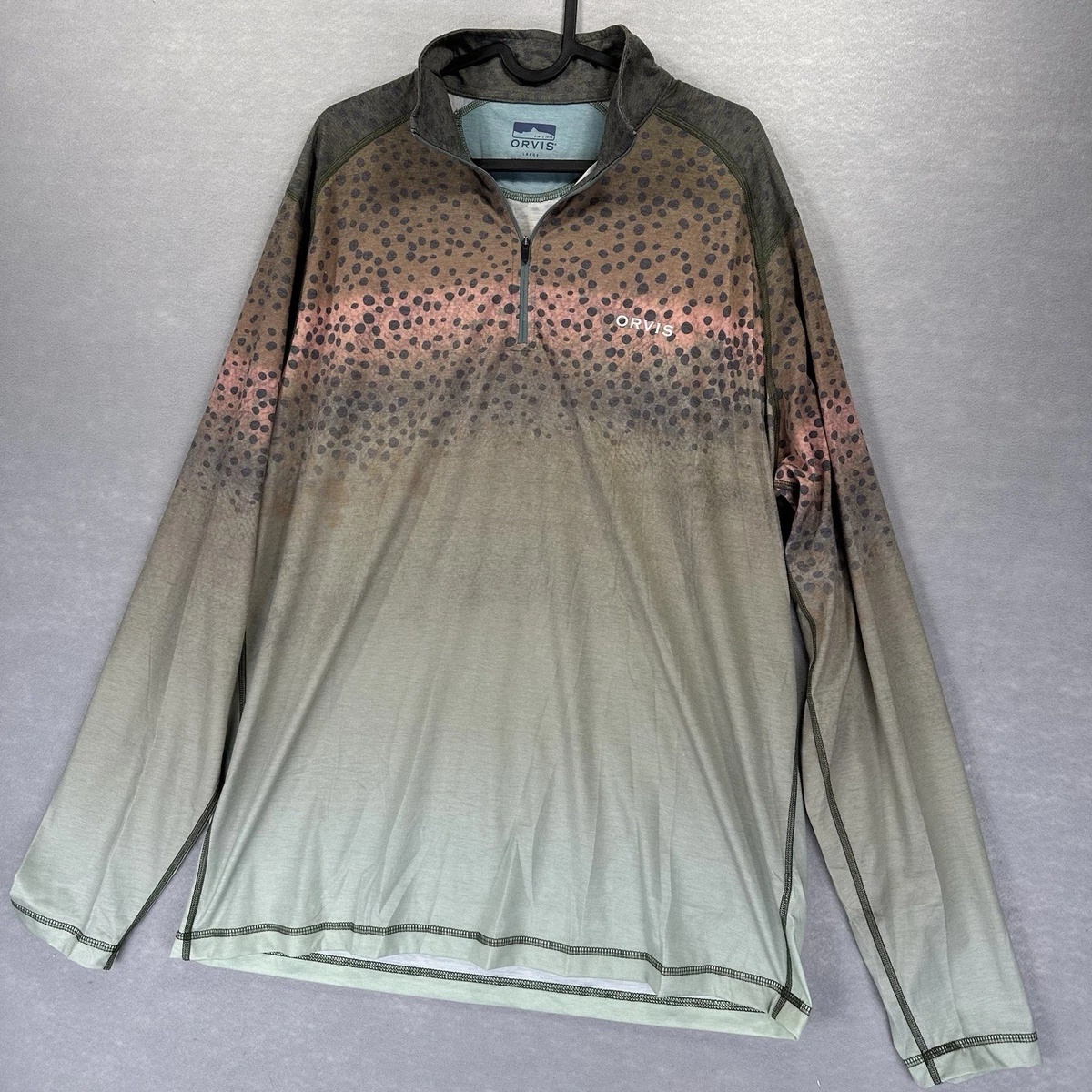 Pullover grande Orvis raro Rainbow Trout DriRelease rendimiento gráfico 1/4 cremallera