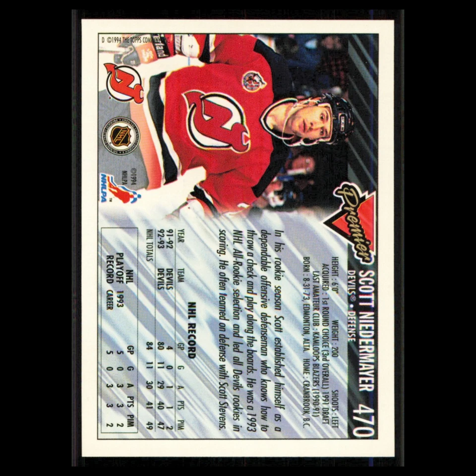 Scott Niedermayer #470 1993 Topps Premier New Jersey Devils Hockey Card NHL NM - Image 2 of 3