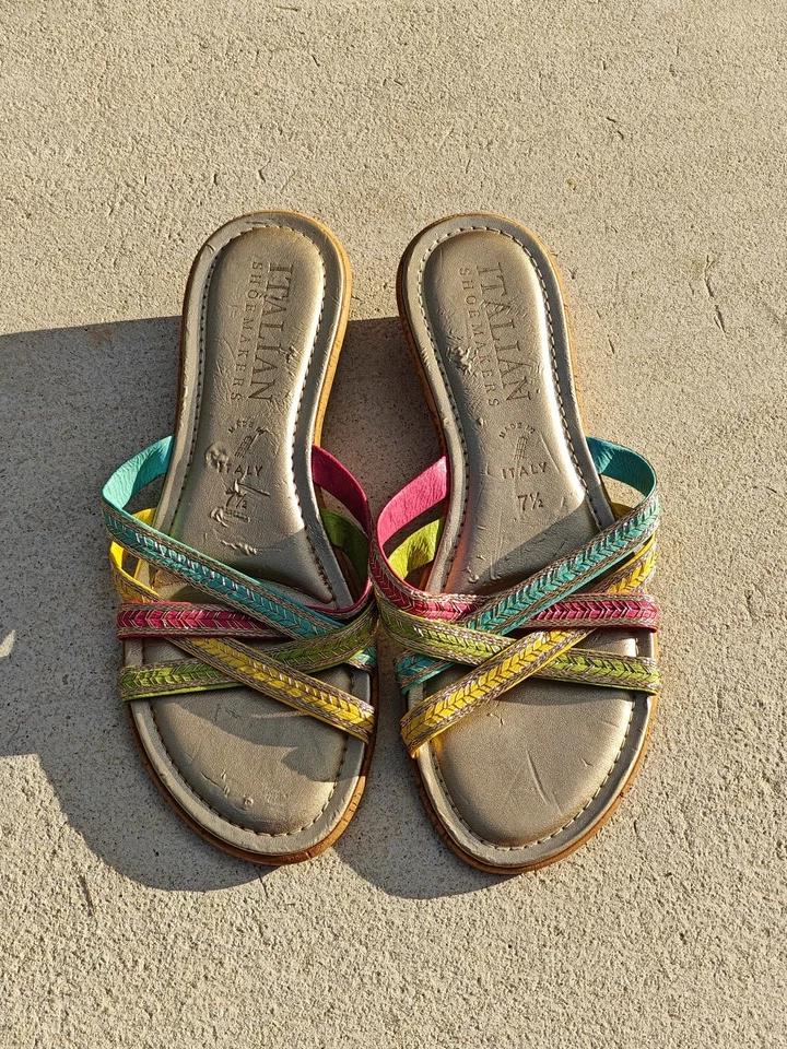 Vtg Italian Shoemakers Sandals Size 7.5 Pastel Straps Cork Wedge Made in Italy - Image 4 of 4