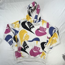 Nike Sportswear AOP Hoodie S Retired Multicolored Logo White Background Retro