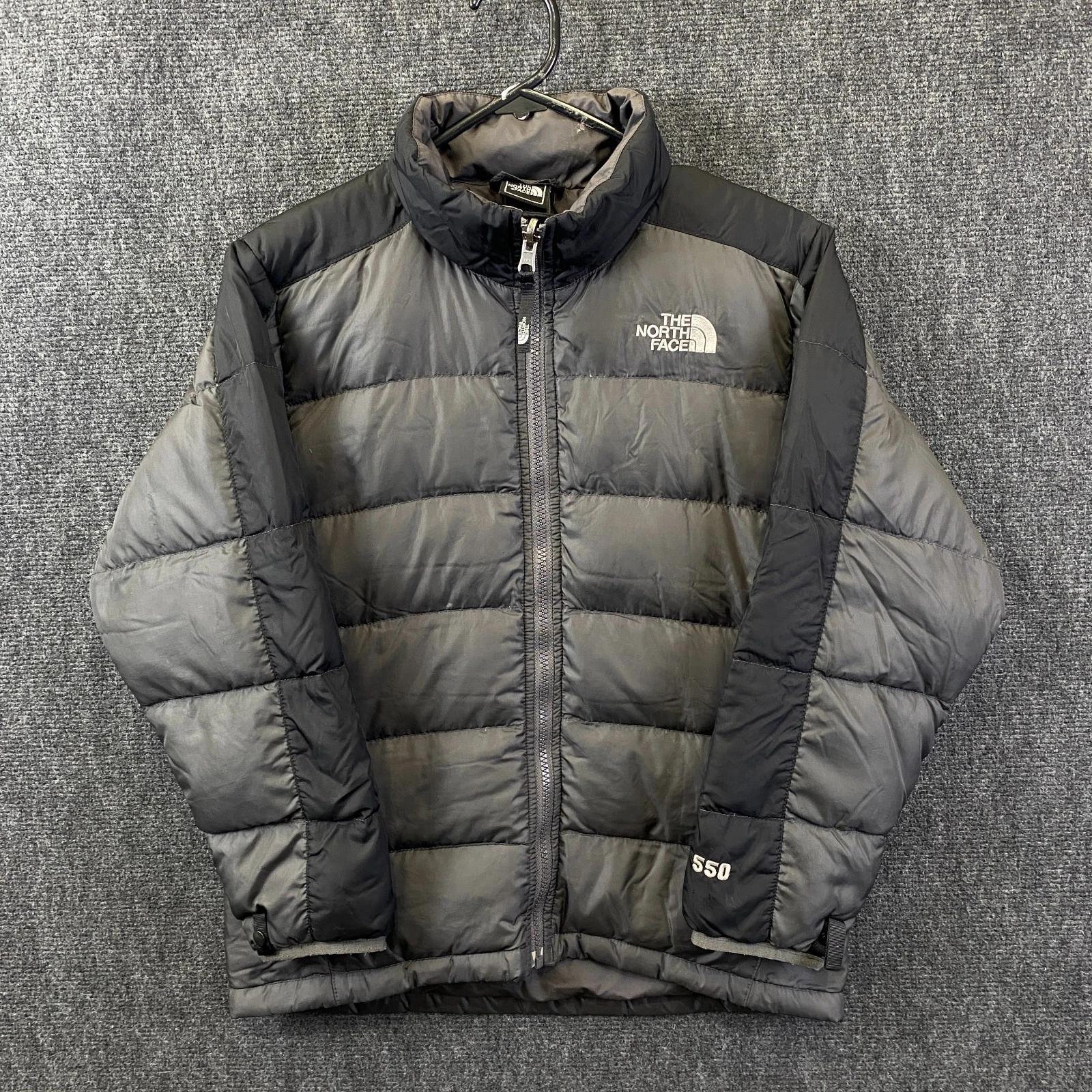 The North Face Boys 550 Goose Down Puffer Jacket Grey Full Zip Pockets Size M