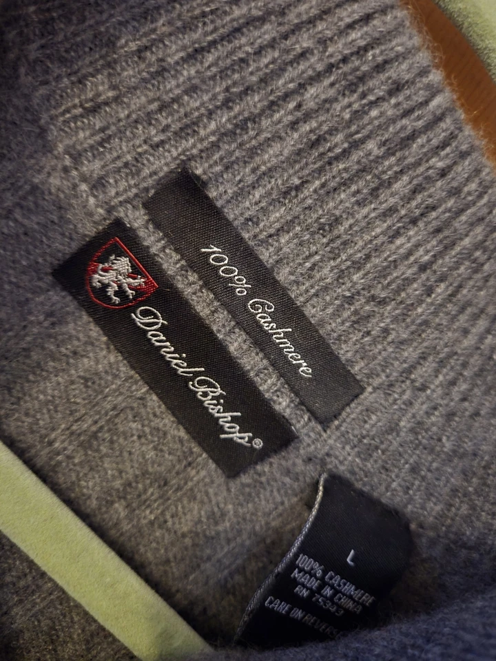 Suéter Pullover Daniel Bishop Para Hombres Botón con Parches en el Codo Gris 100% Cachemira L Foto 3 de 3