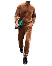 Men's 2 Piece Velour Tracksuit Full-zip Long Sleeve Sweatshirt and Large Brown