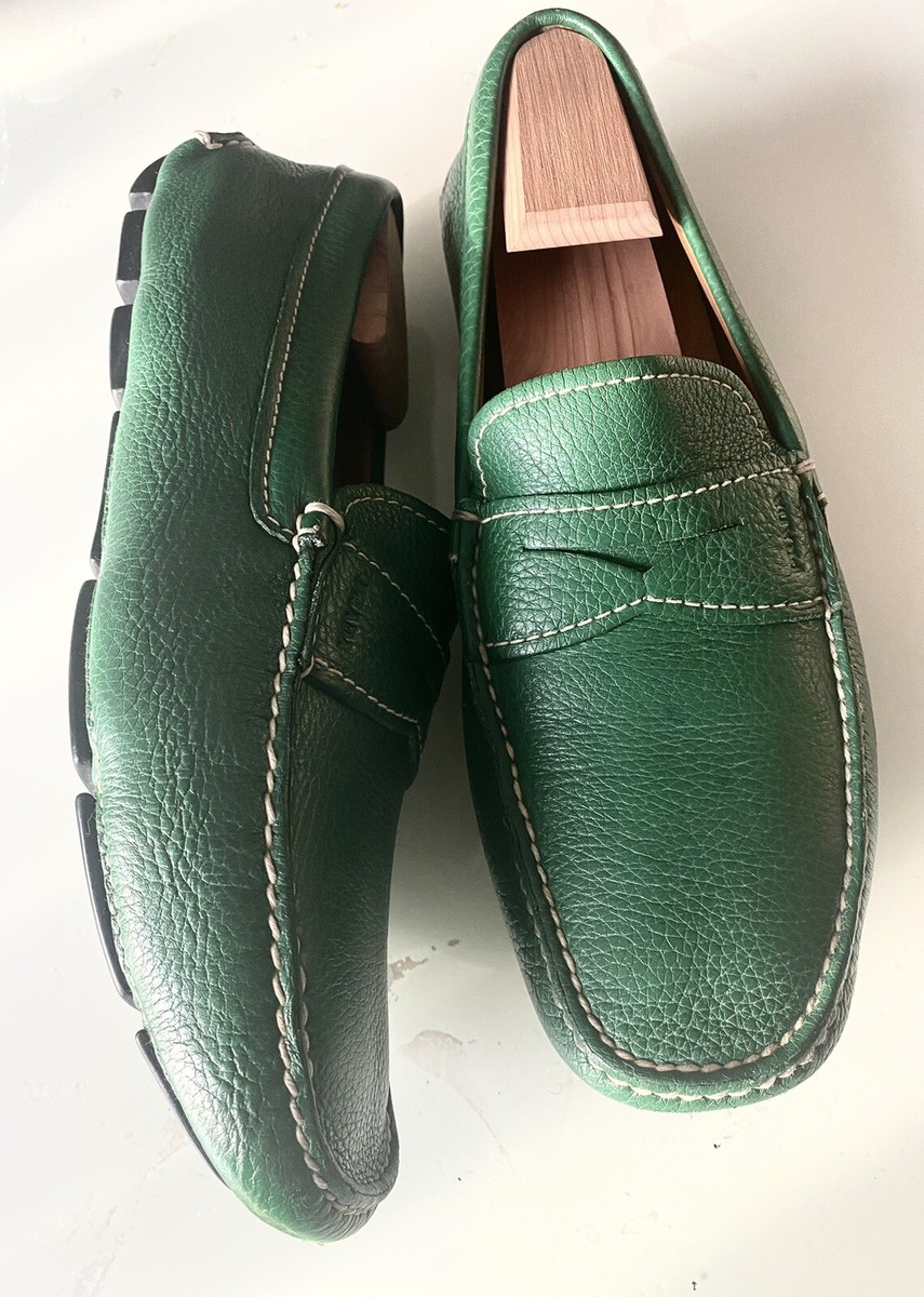 PRADA Men's Moccasins Green Slip on Loafers Pebble Leather Size 7