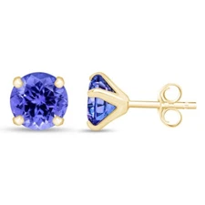 Blue Tanzanite Solitaire Stud Earrings 10k Solid Yellow Gold