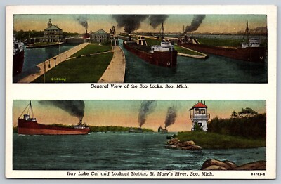 Postcard General View Of The Soo Locks Hay Lake Cut Lookout Station Mich B3