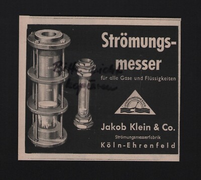 KÖLN-EHRENFELD, Werbung 1938, Jakob Klein & Co. Strömungs-Messer
