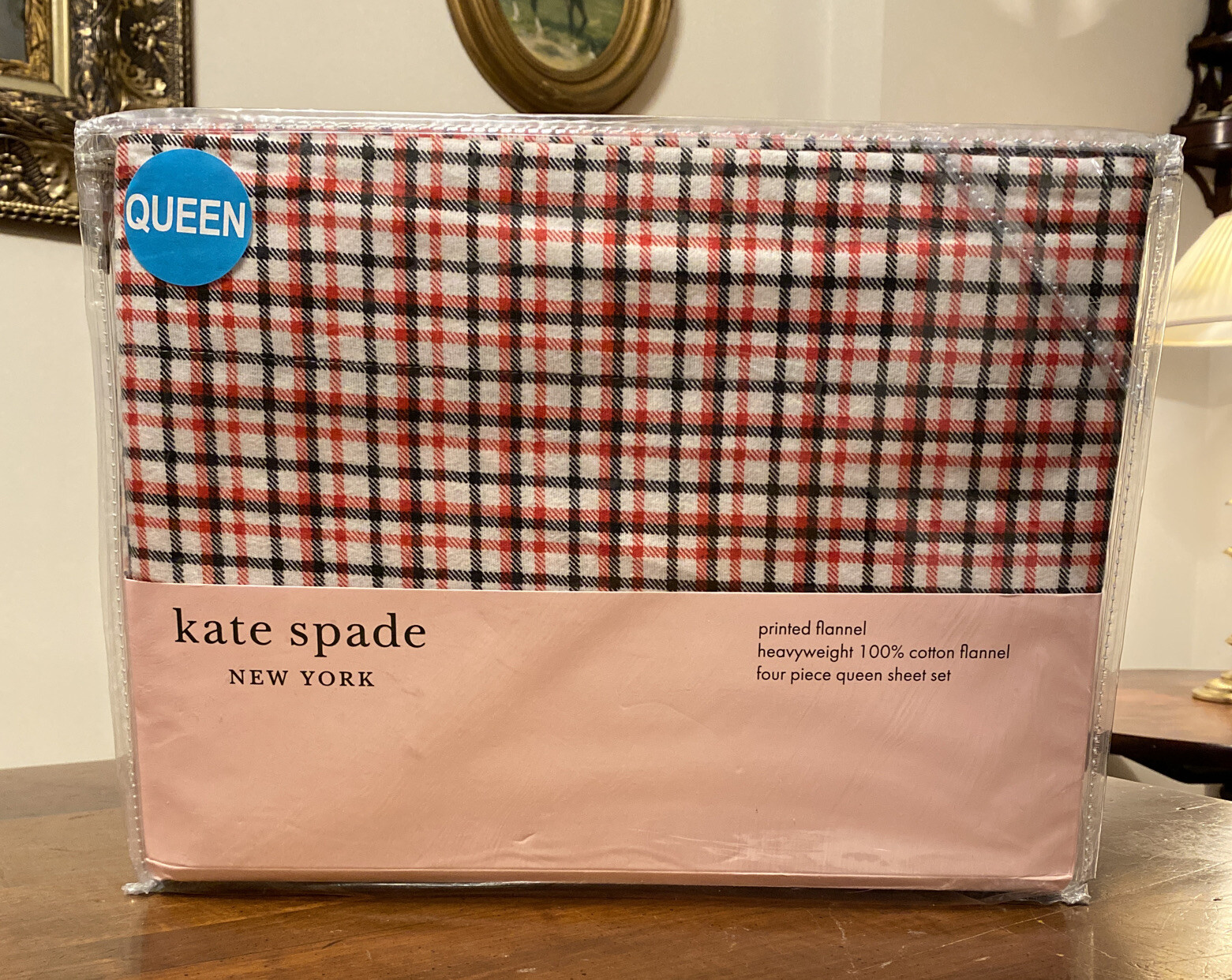 Kate Spade Queen Sheet Set 4 Pc Flannel Black Red White Tartan 100