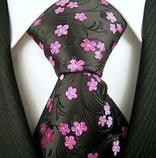 Black and Pink Floral Necktie - Jacquard Woven Floral Tie - Black Pink Neckwear