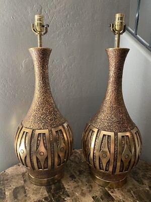 Fortune Lamp Co Vintage Geenie Bottle Gold MCM Table Lamps 1962