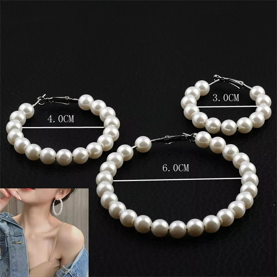 Fashion Women Large Pearl Hoop Circle Earrings Silver Boho Style Earrings Stud - Image 3 of 4
