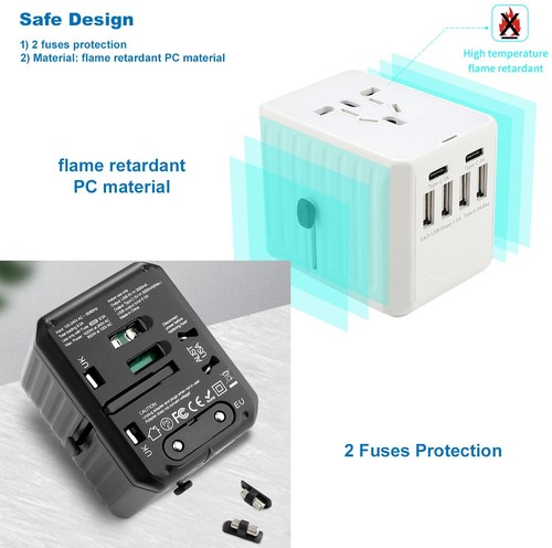 Worldwide Travel Adapter / Wall Charger with 4 x USB + 2 x Type-C + 2 Fuses - Picture 5 of 7
