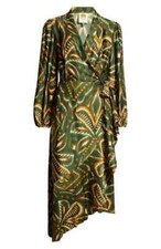Farm Rio Pineapple Ikat Asymmetric Hem Wrap Satin Beaded Dress L