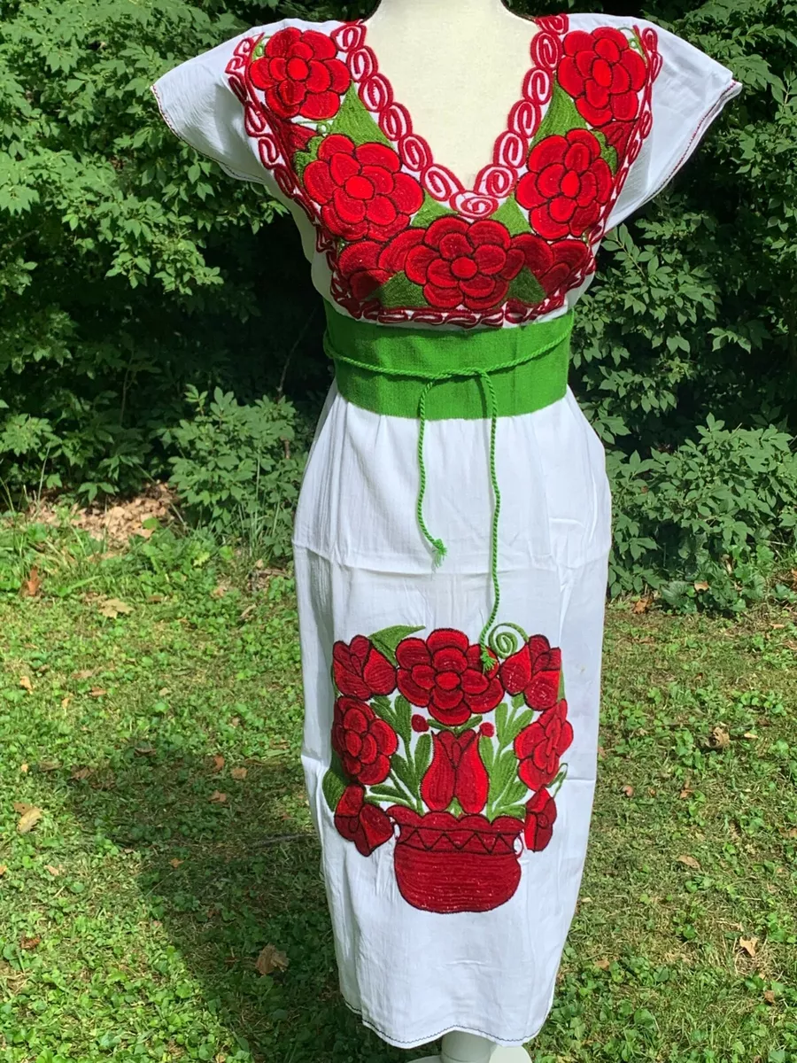 Puebla Mexican Dress w/ Belt Bata con Faja Vestido Flowers Red M/L 1 Size  1857