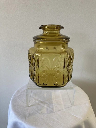 VTG Amber Imperial Atterbury Scroll Glass Canister 6 1/2" Tall w/ Lid Candy Jar