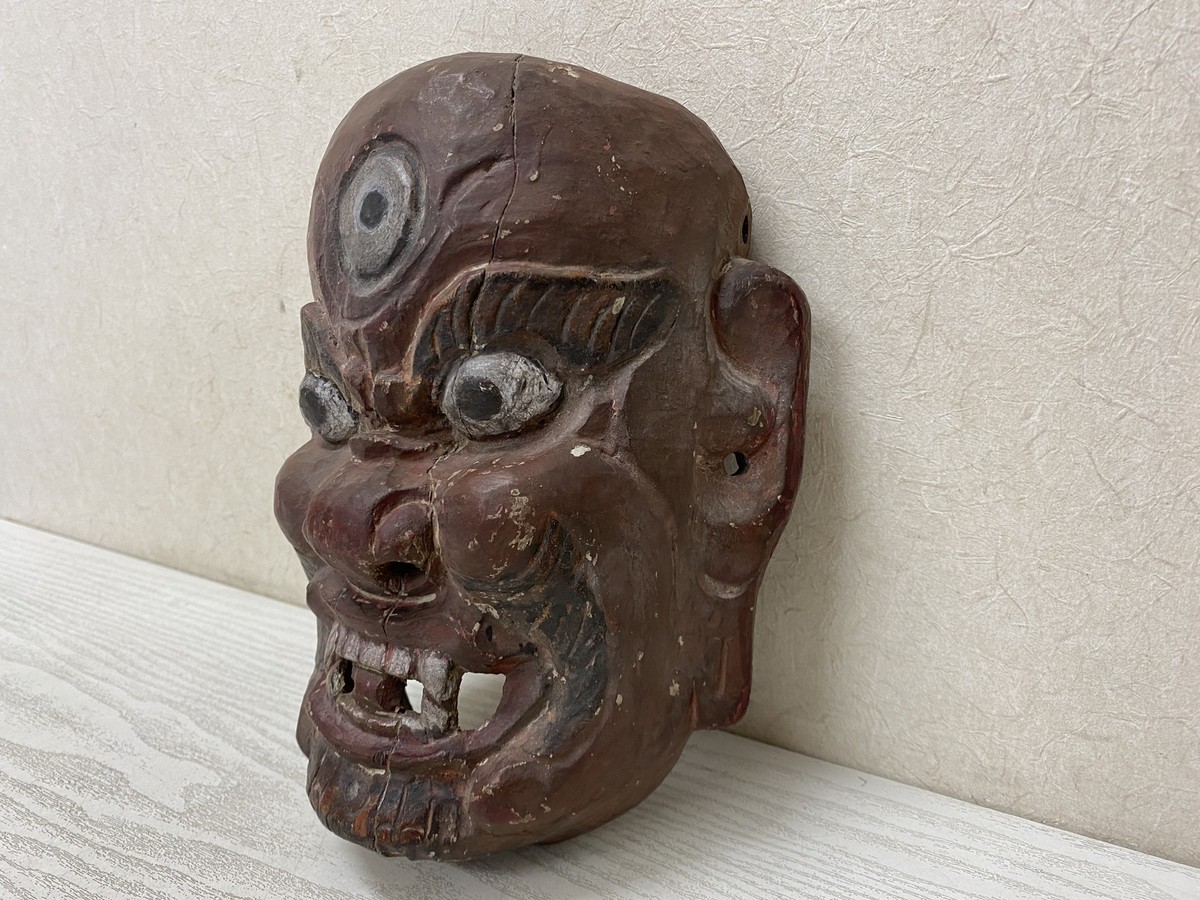 彫刻・オブジェ Wooden Noh Mask Y2864 NOH MASK Three-eyed wood carving omen Japan vintage