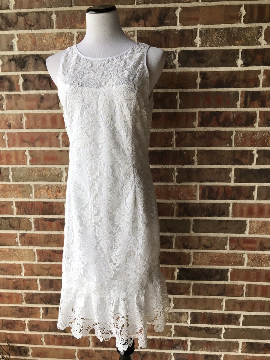 White House Black Market Sleeveless White Lace Flounce Shift Dress 6